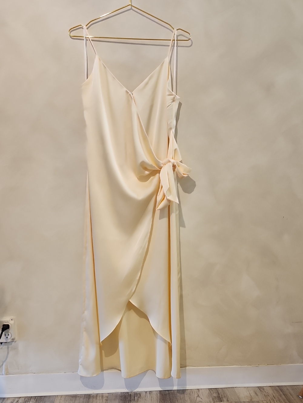 Skies Are Blue Soft Butter Yellow High-Low Wrap Slip Dress with Side Tie